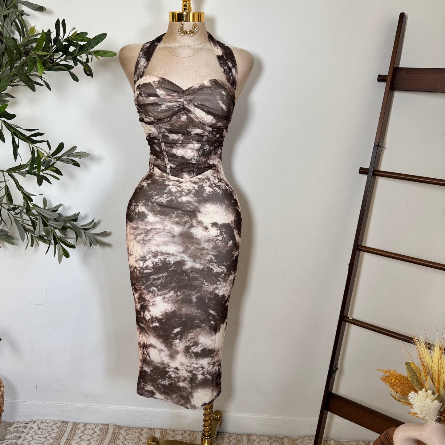 Halter Corset Ruching Midi Dress-Brown