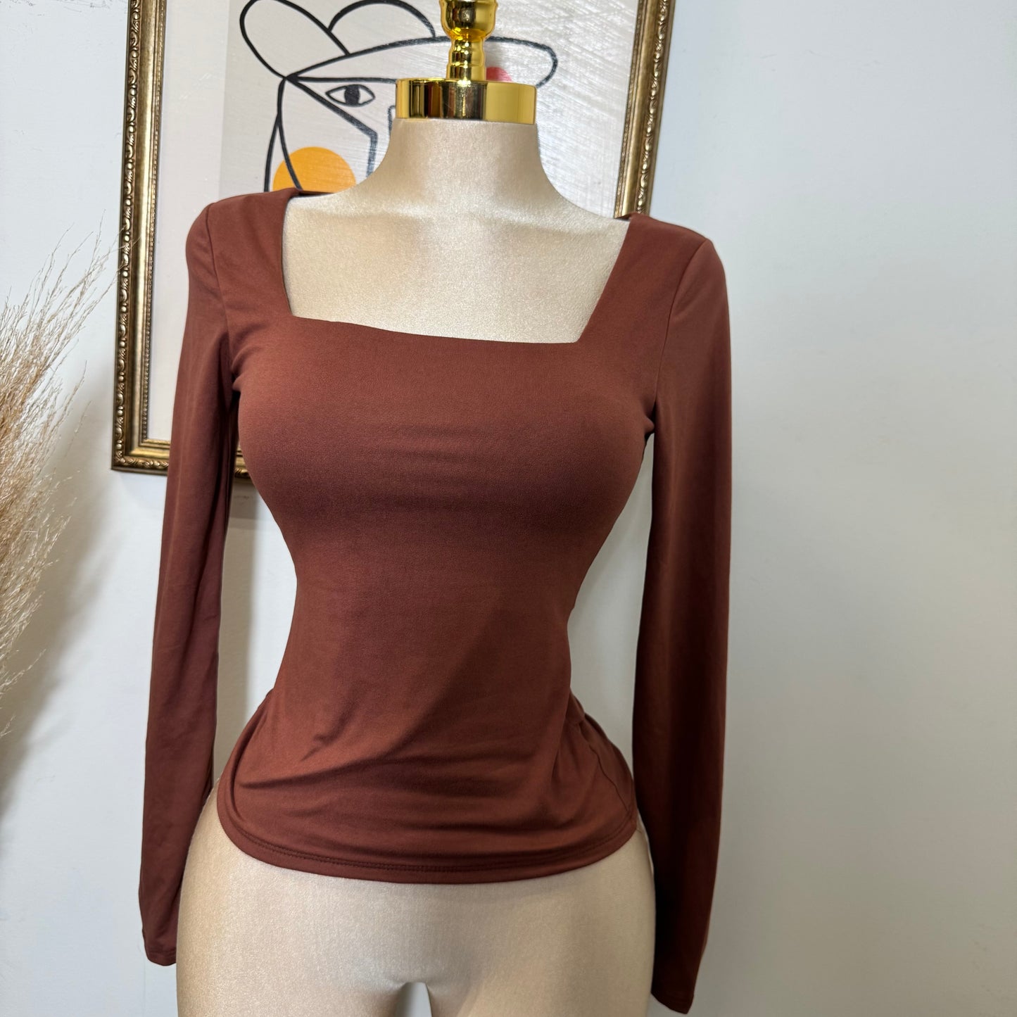 Square Neck Long Sleeve Double Layered Top-Brown