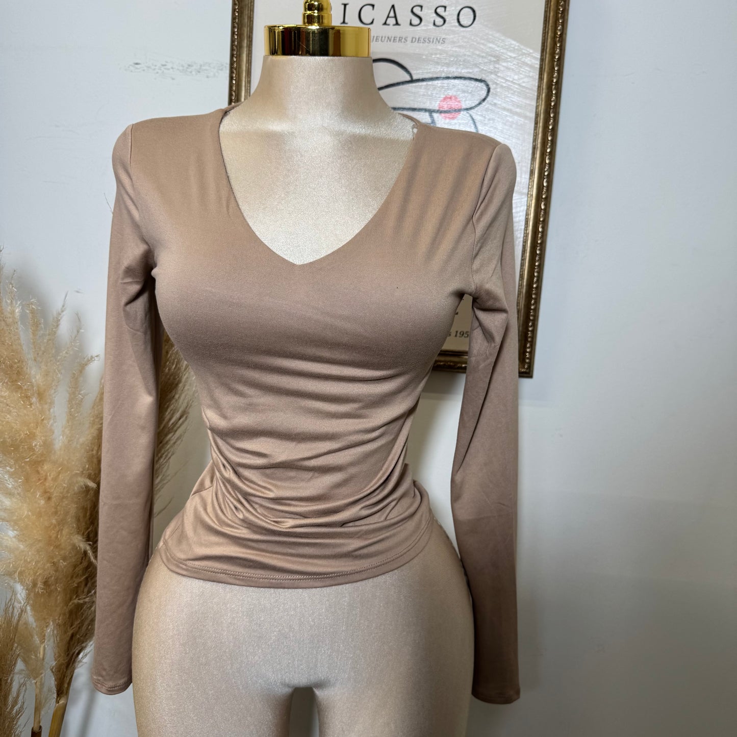 Ruched V-Neck Long Sleeve Double Layered Top-Khaki