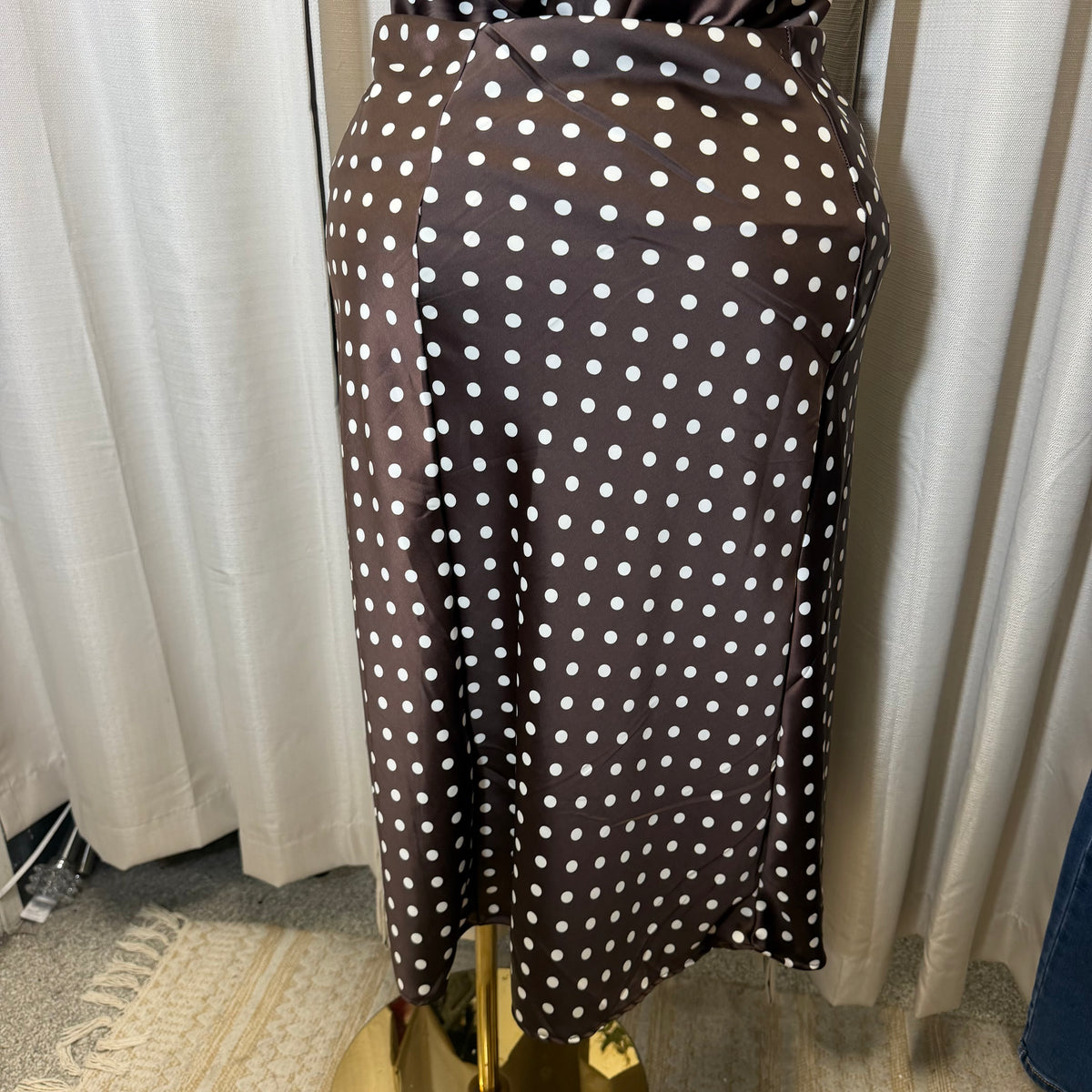 PL-Satin Midi Skirt Polka Dot Top-Brown/White