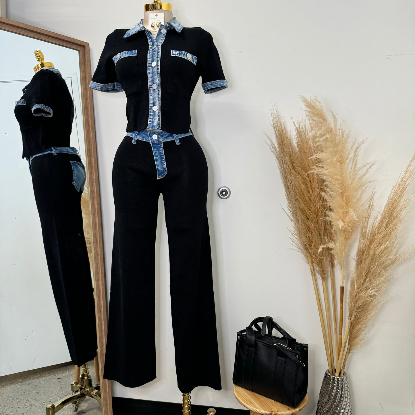 Street Chic Contrast Ribbed Denim Pant Set-black