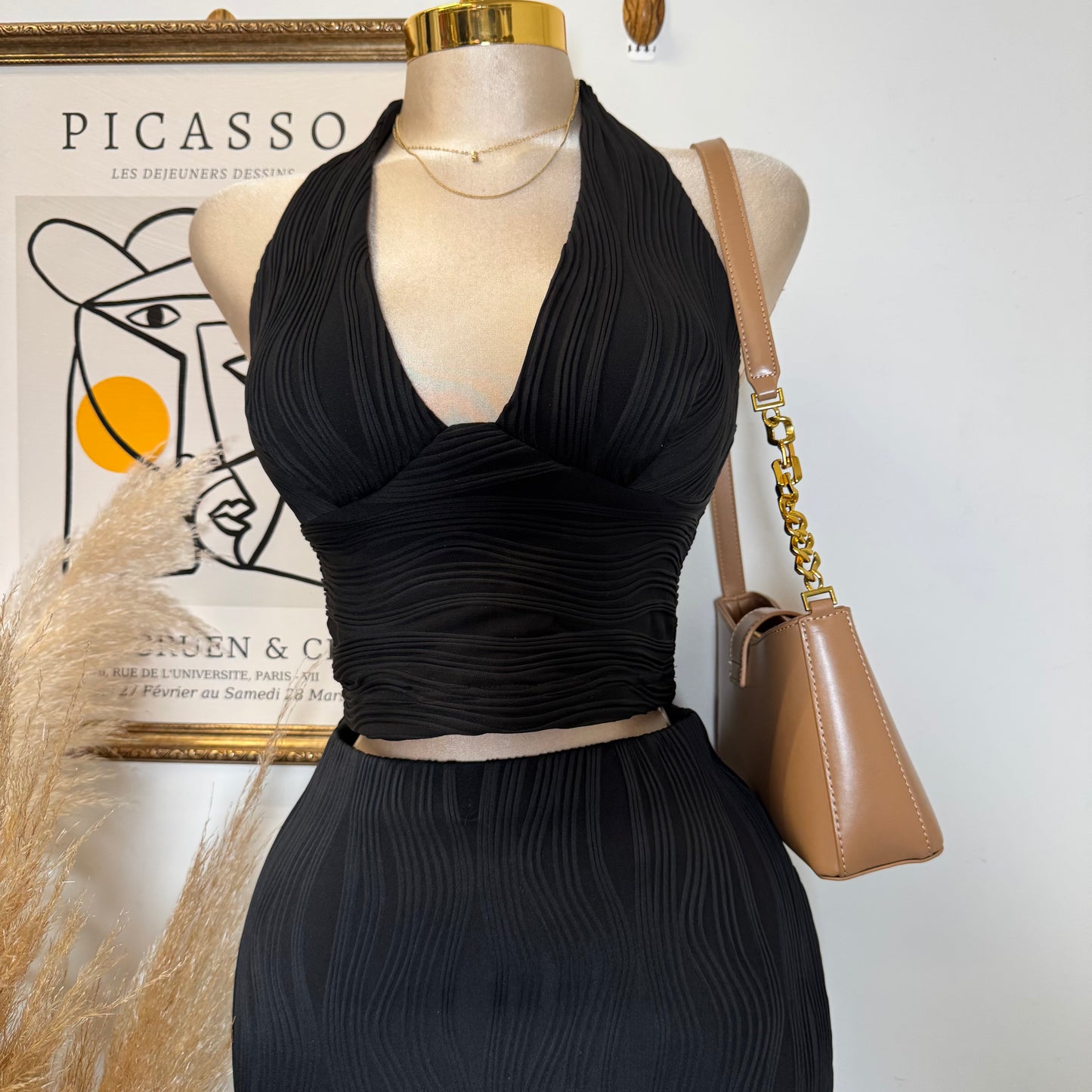 Halter Neck and Midi Skirt Set-Black