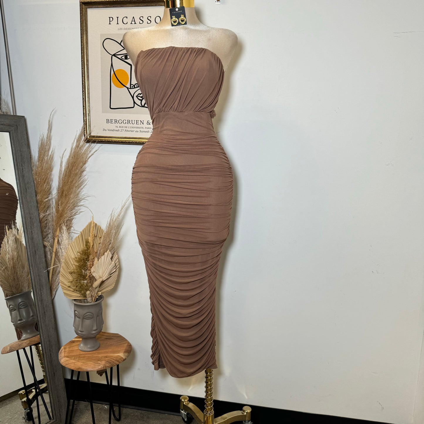 Mesh Off Shoulder Maxi Dress-Brown