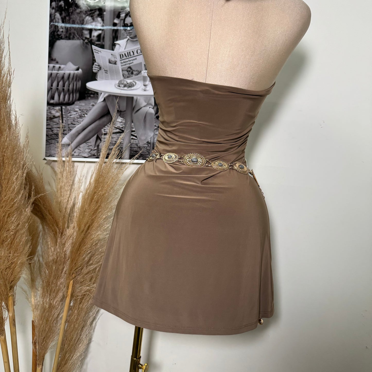 Sleeveless Halter Square Neckline Mini Dress-Brown
