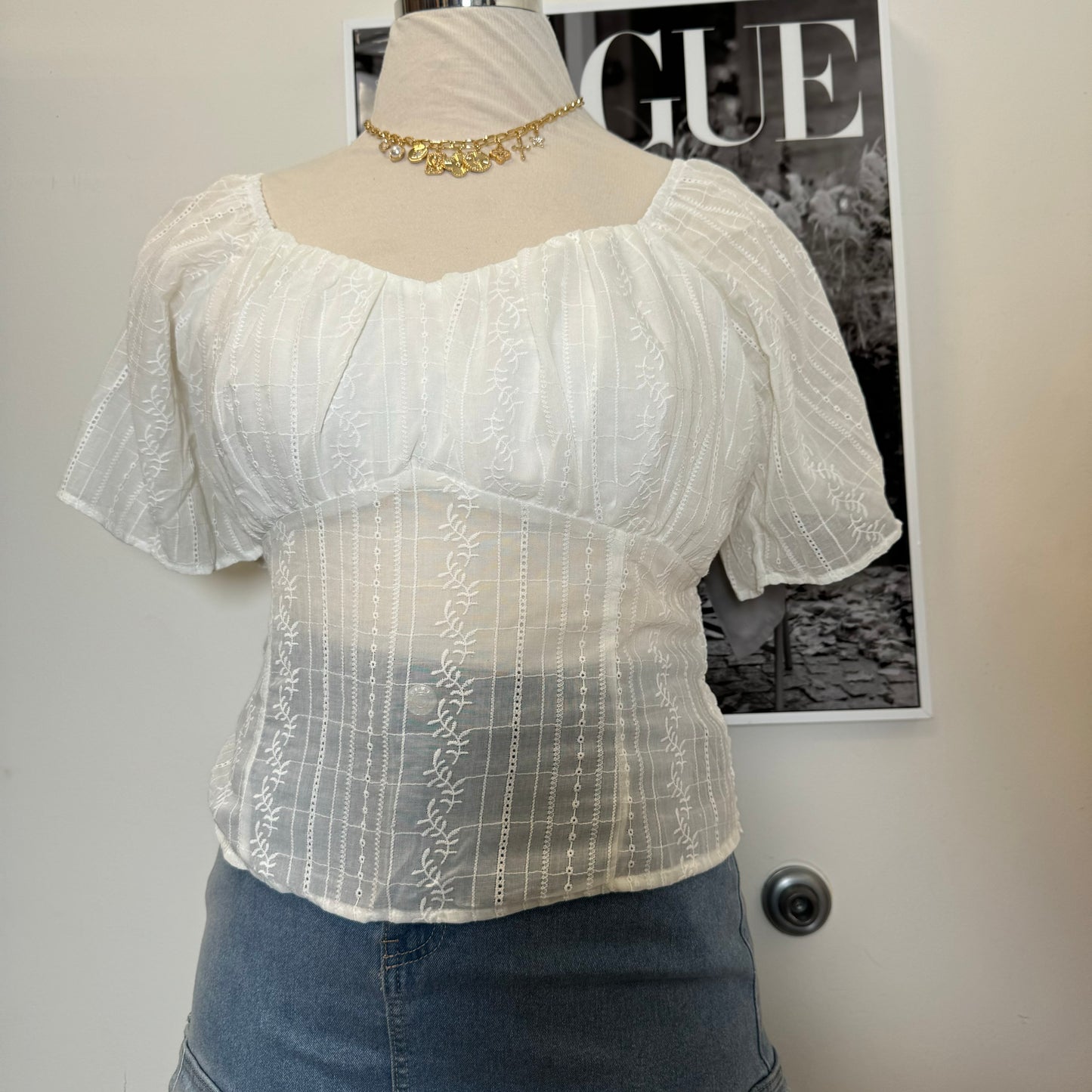 Embroidered Sheer lace Peasant Top-White