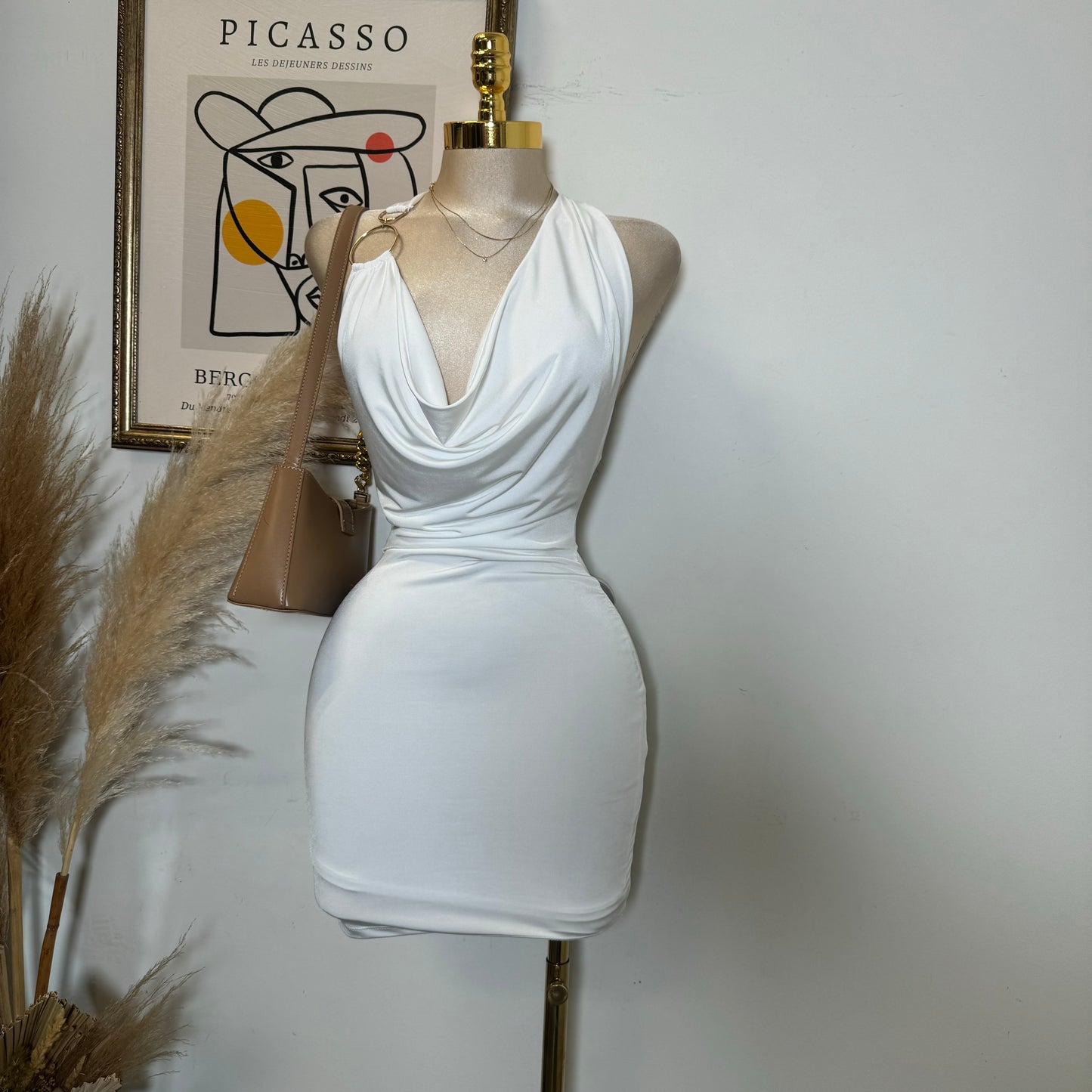 Cowl Halter Mesh Dress-White