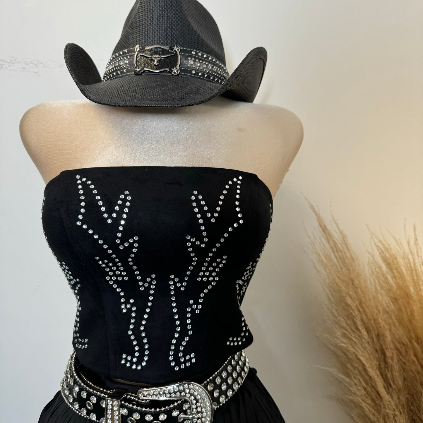 Western Style Rhinestone Tube Top-Black