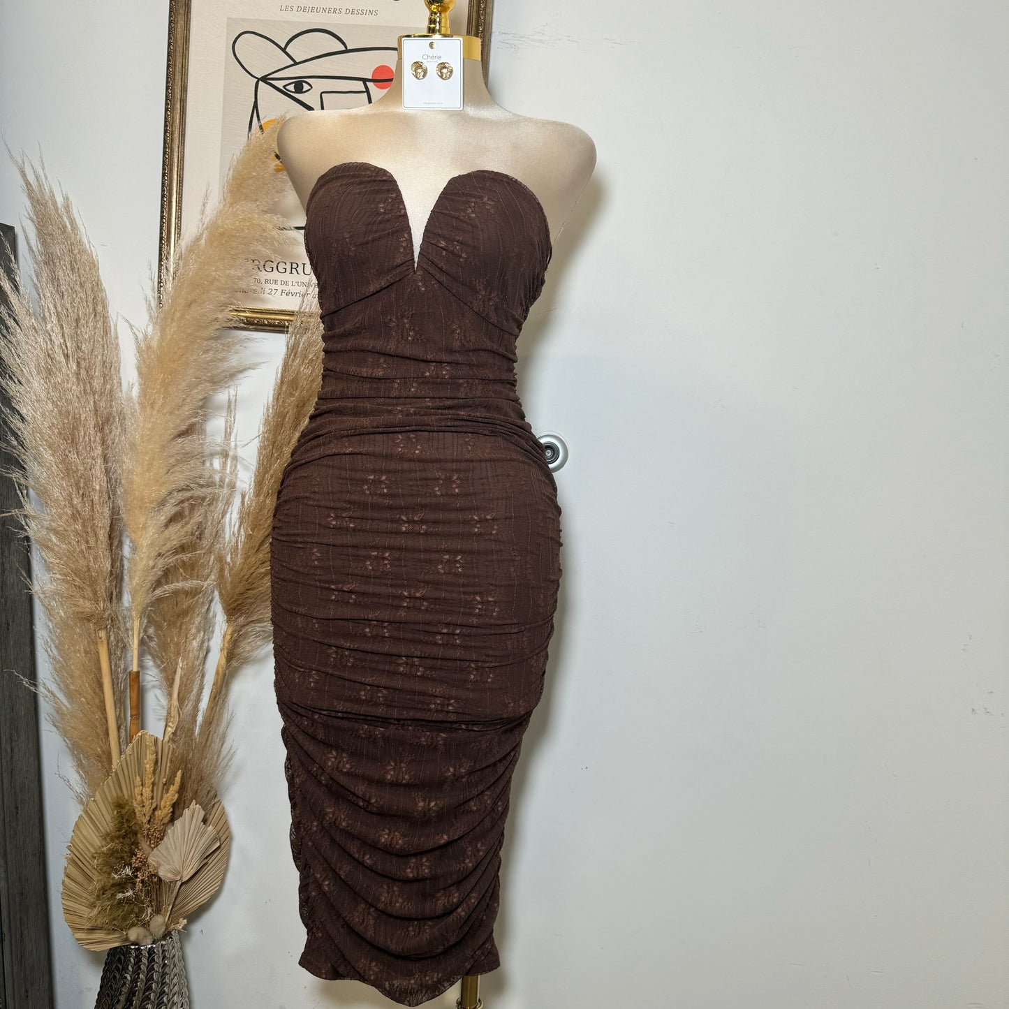 Sweetheart Shape Lace Dress-Brown