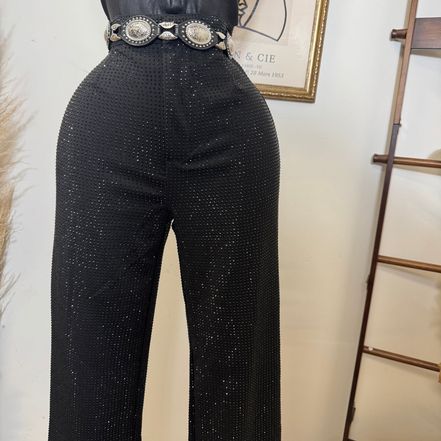 Rhinestone Wide Leg Pants -Black