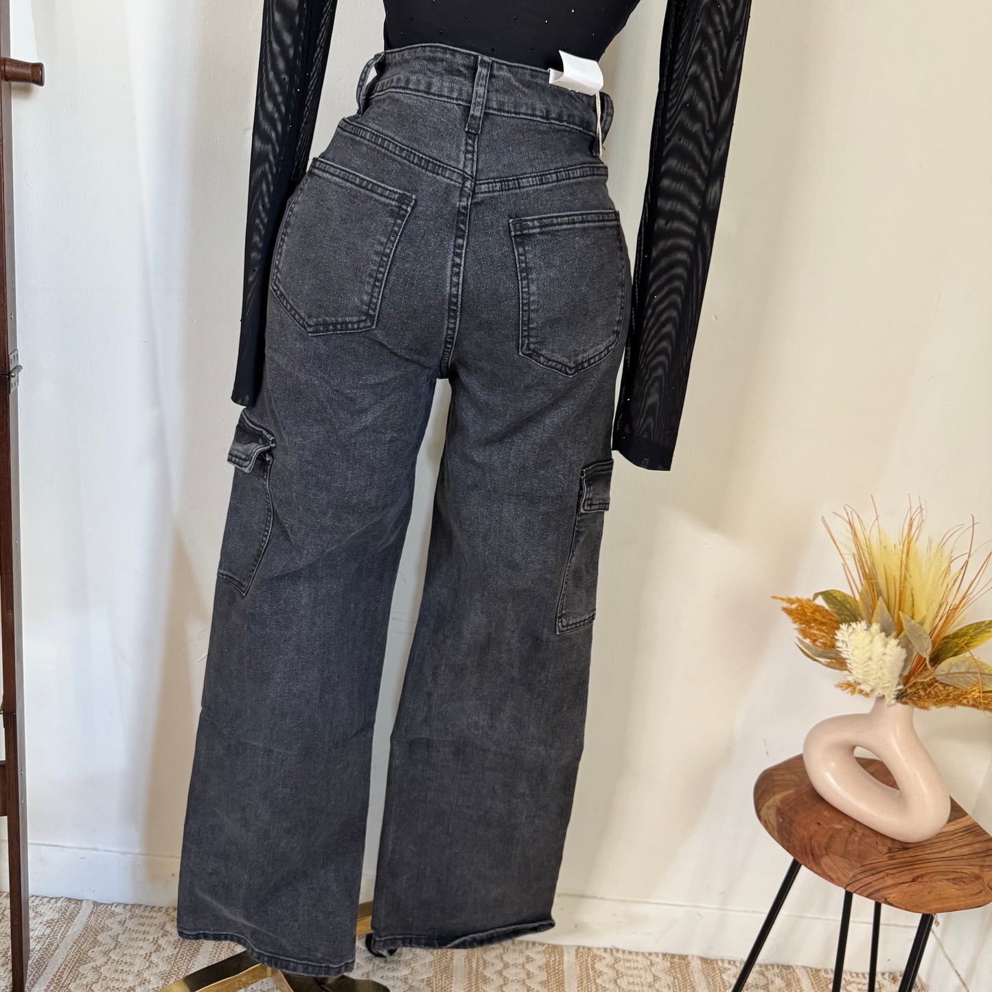 Wide Leg Cargo Jeans- DK Grey Cargo