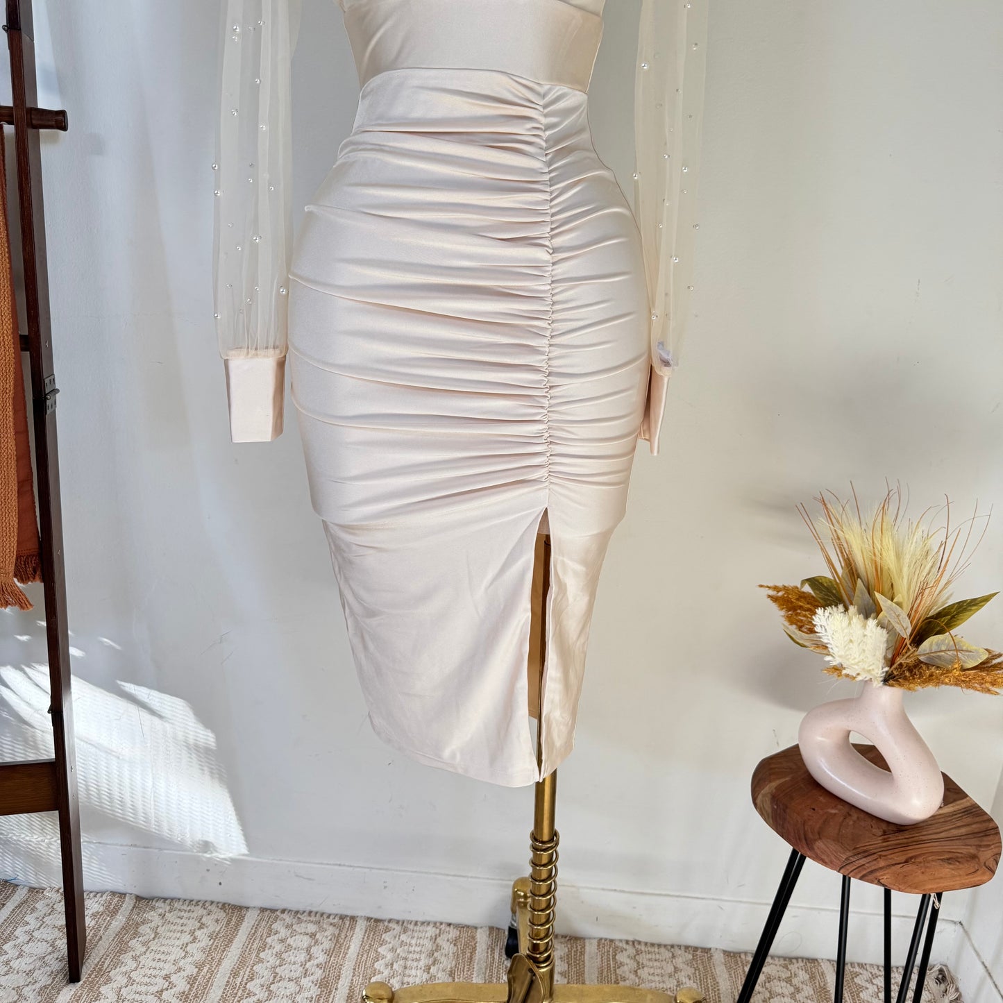 Pearl Beaded Mesh Power Satin Midi Dress-Cream
