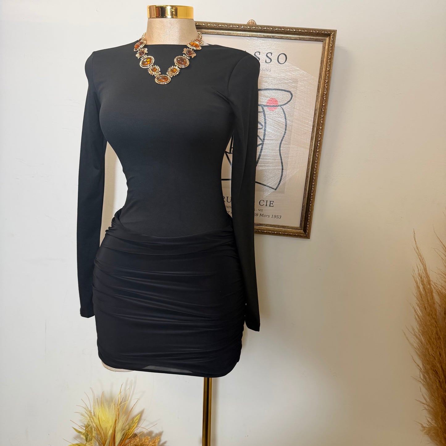 Mixed Media Long Sleeve Ruched Mini Dress-Black
