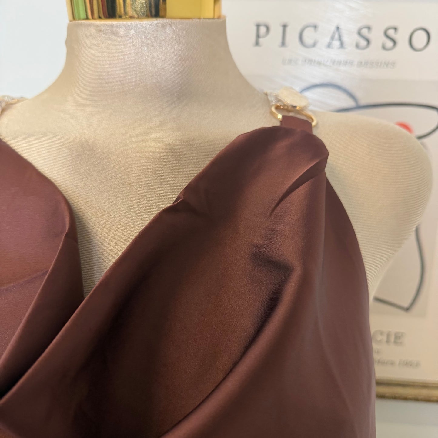 Satin Cowl-Neck Top w/ Gold Ring Details-Brown