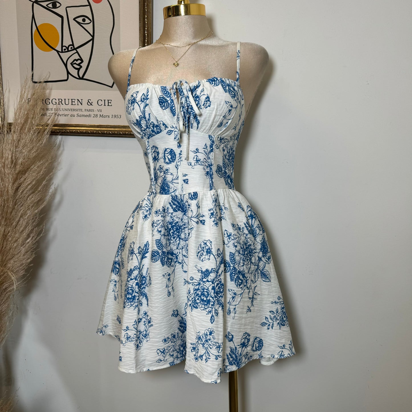 Tropical Smocked Mini Dress-White/Blue