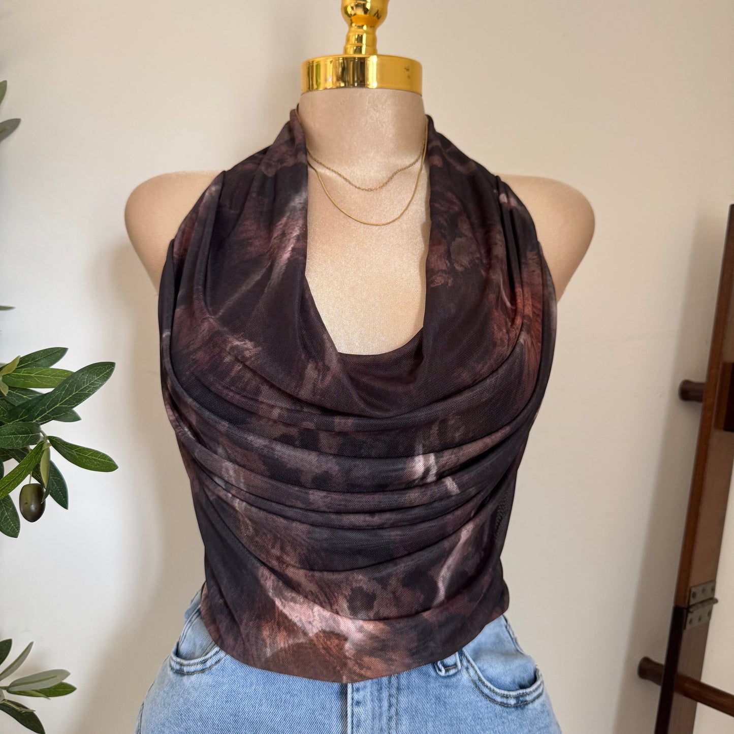 Cowl Neck Mesh Print Lining Top-Brown