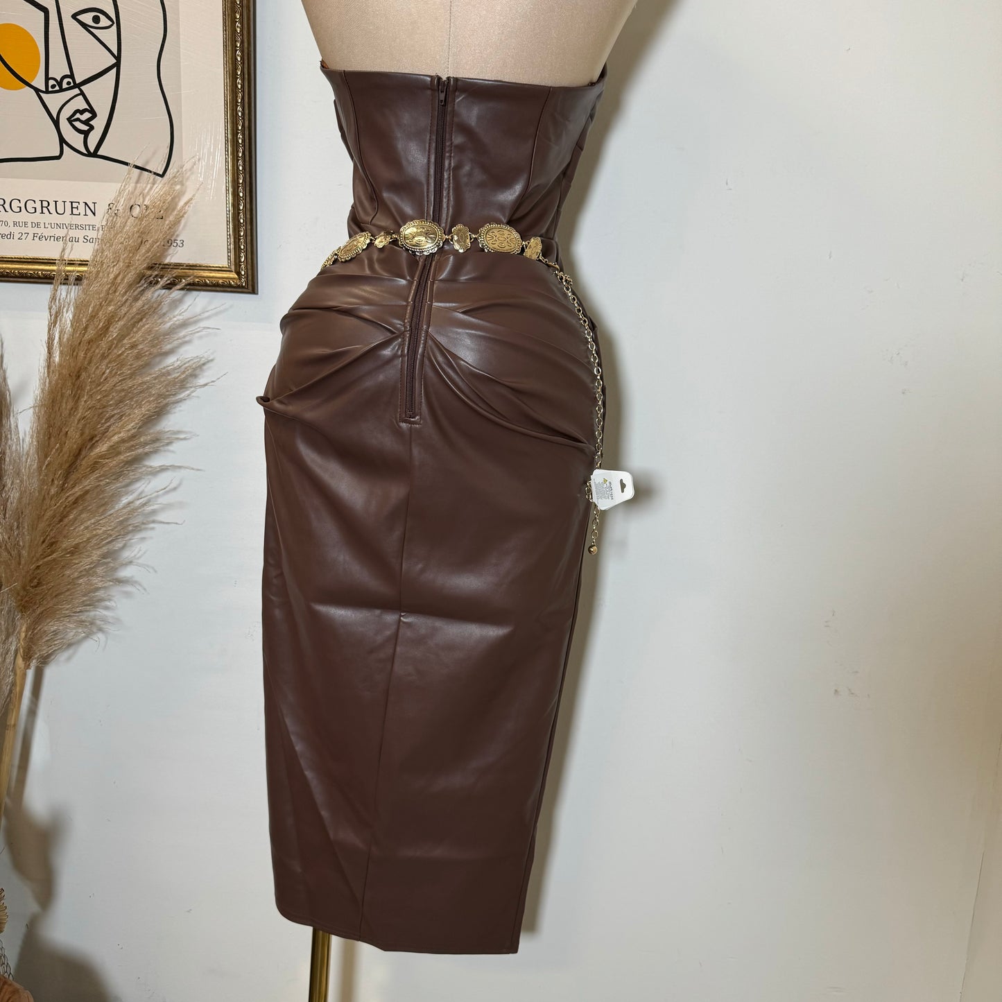 Stretch Faux Leather Midi Dress-DK Brown