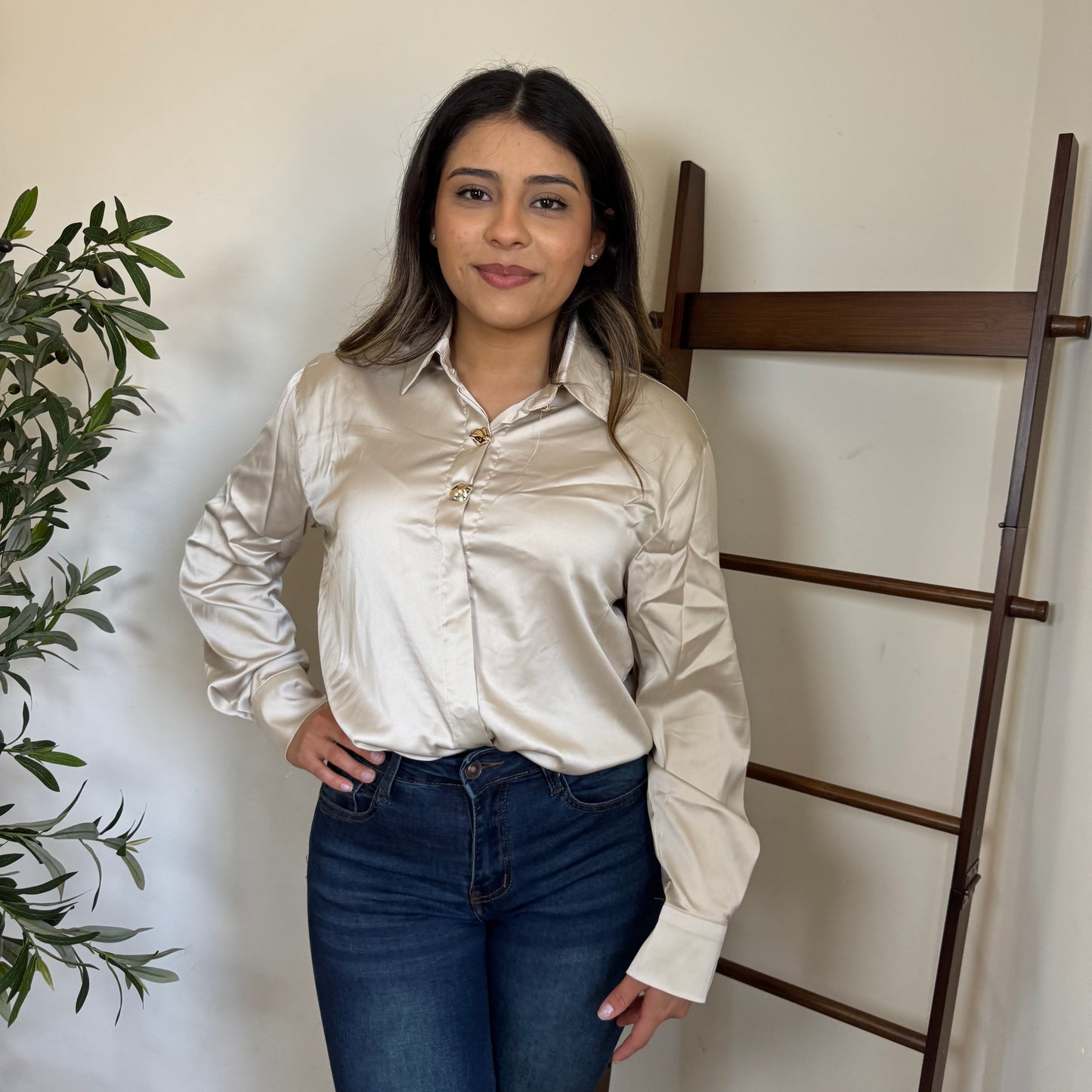 Button Up silk Blouse-Cream
