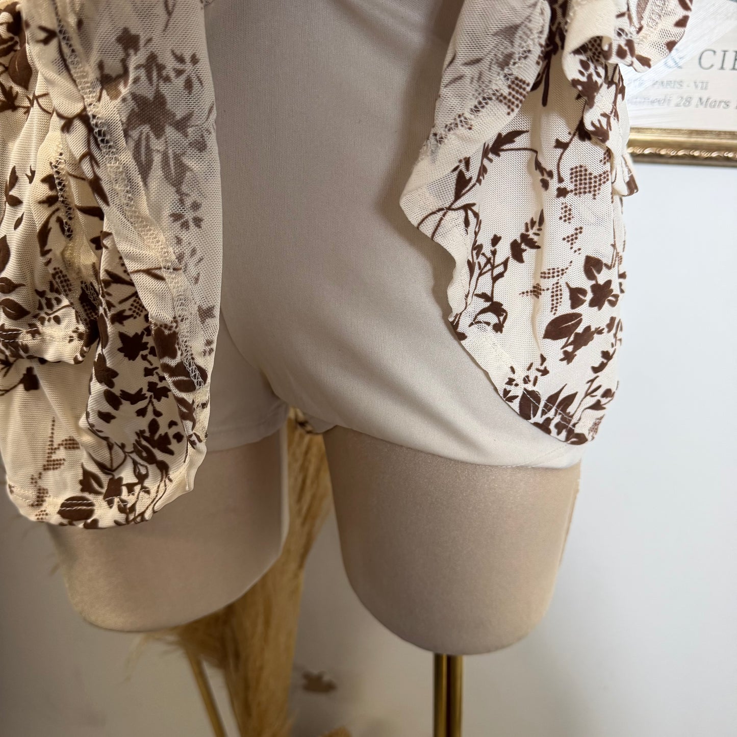 Floral Halter Double Layer Ruffle Mini Dress-Cream