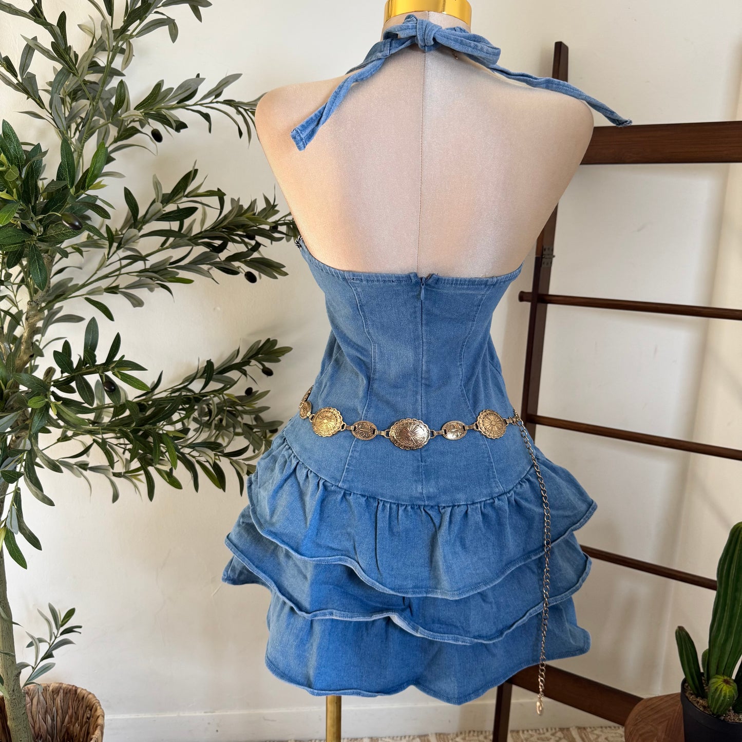 Halter Ruffle Denim Dress-Blue