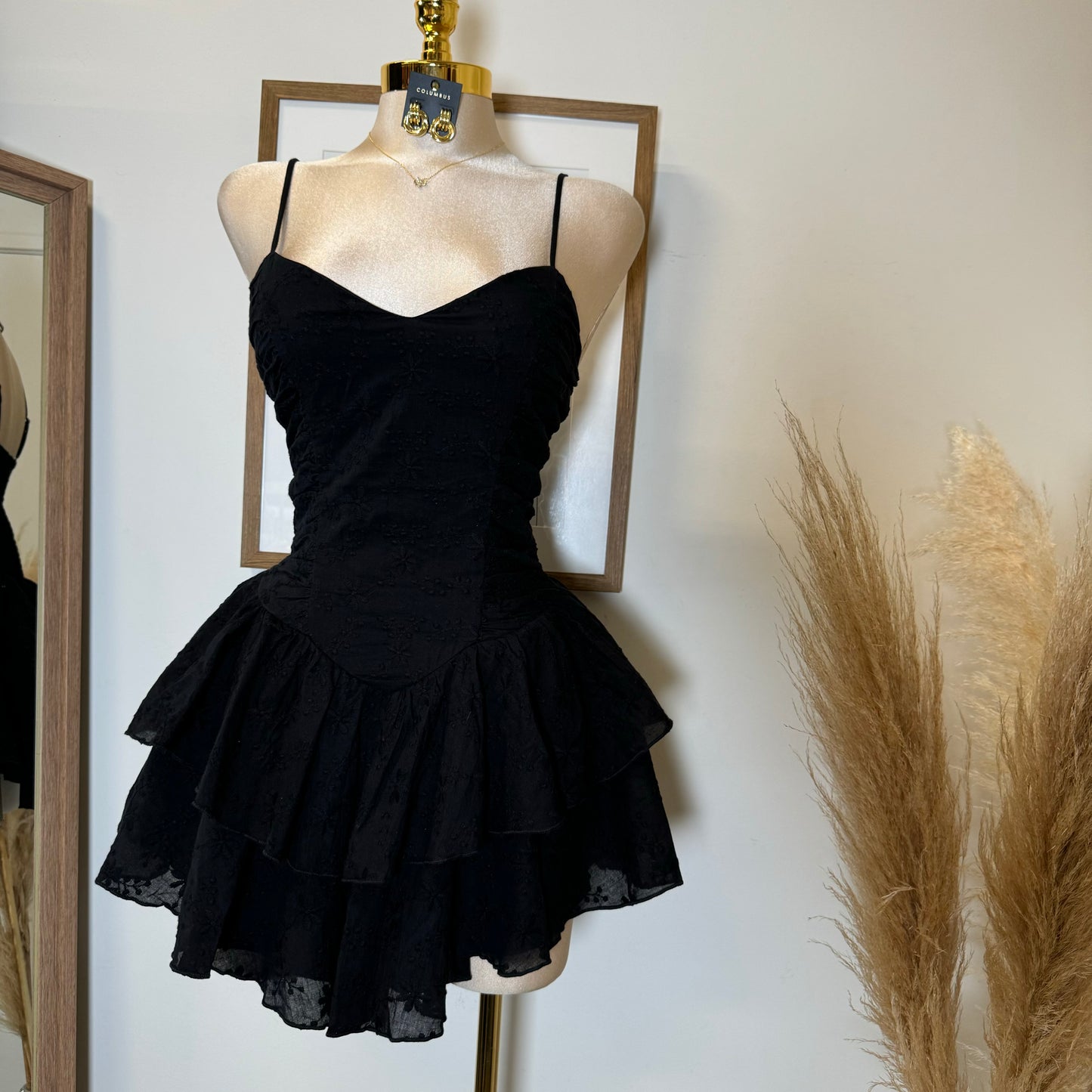 Ruched Smocked Double Layer Mini Dress-Black