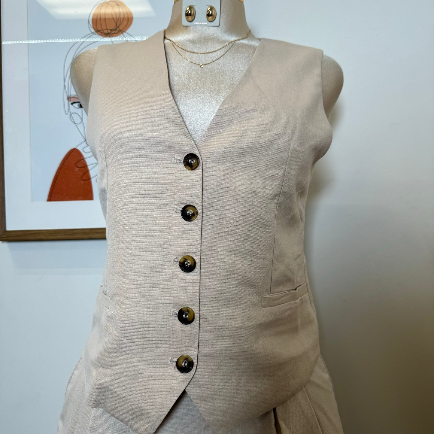 Vamonos Linen Short Vest Set-Khaki