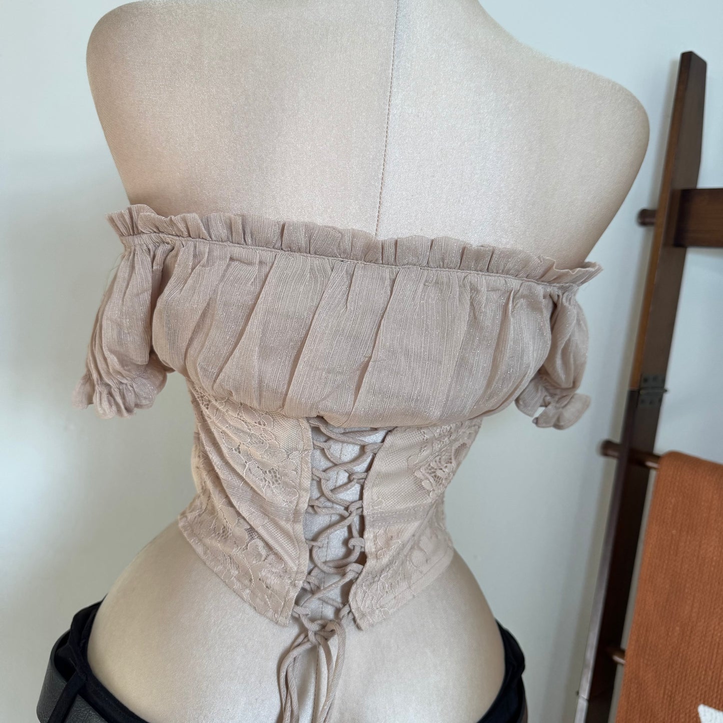 Shiny Ciffon With Lace Off Shoulder Top-Taupe