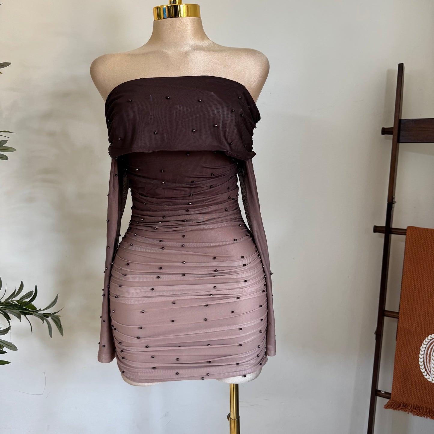 Off Shoulder Pearl ombré dress-Mocha
