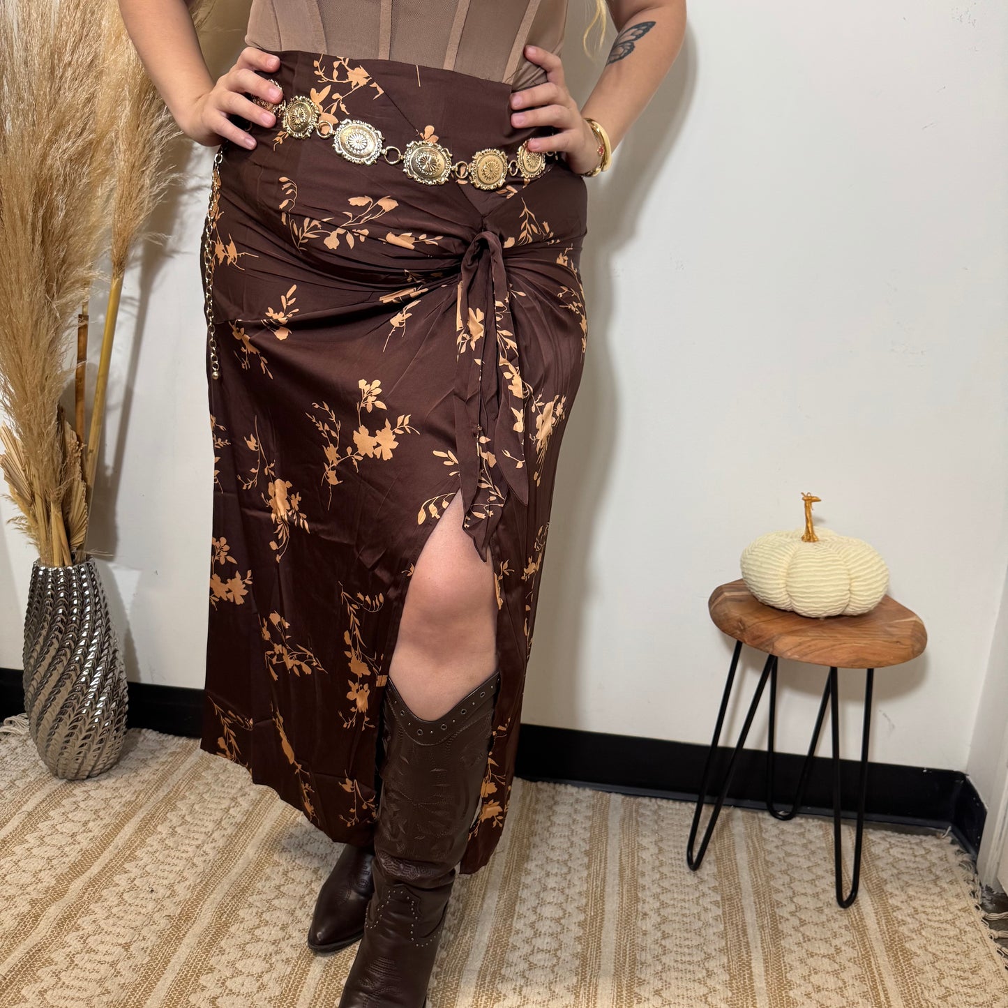 Print Satin Skirt Open Slit Dress-Brown