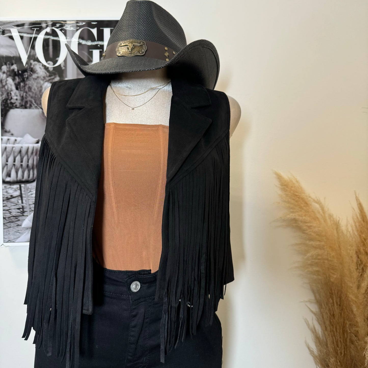 Collared Fringe Suede Vest -Black
