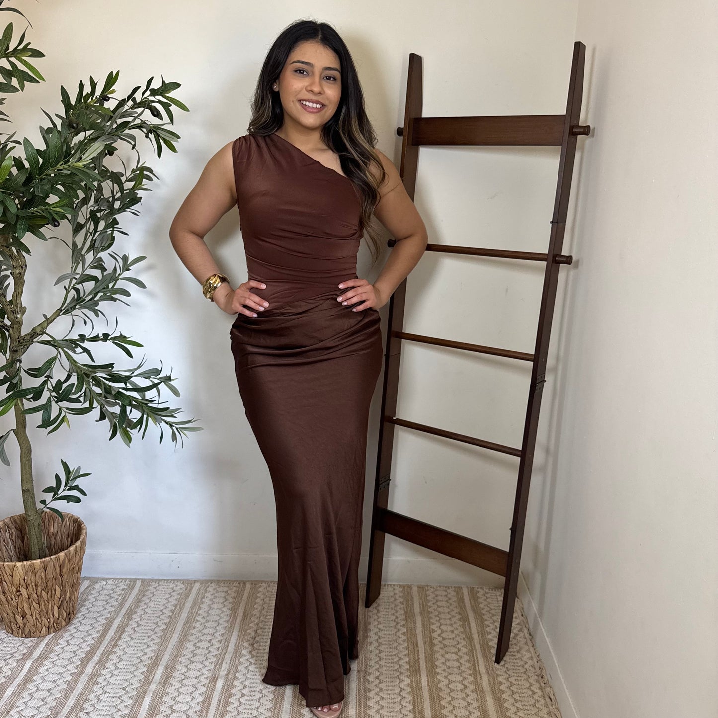 Sable Asymmetrical Maxi Dress-Brown