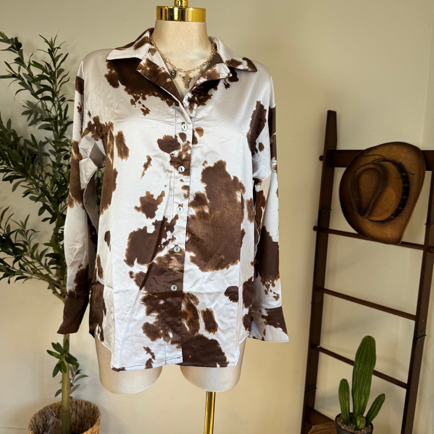 Cow Print Satin Button Down Long sleeve Shirt-Brown