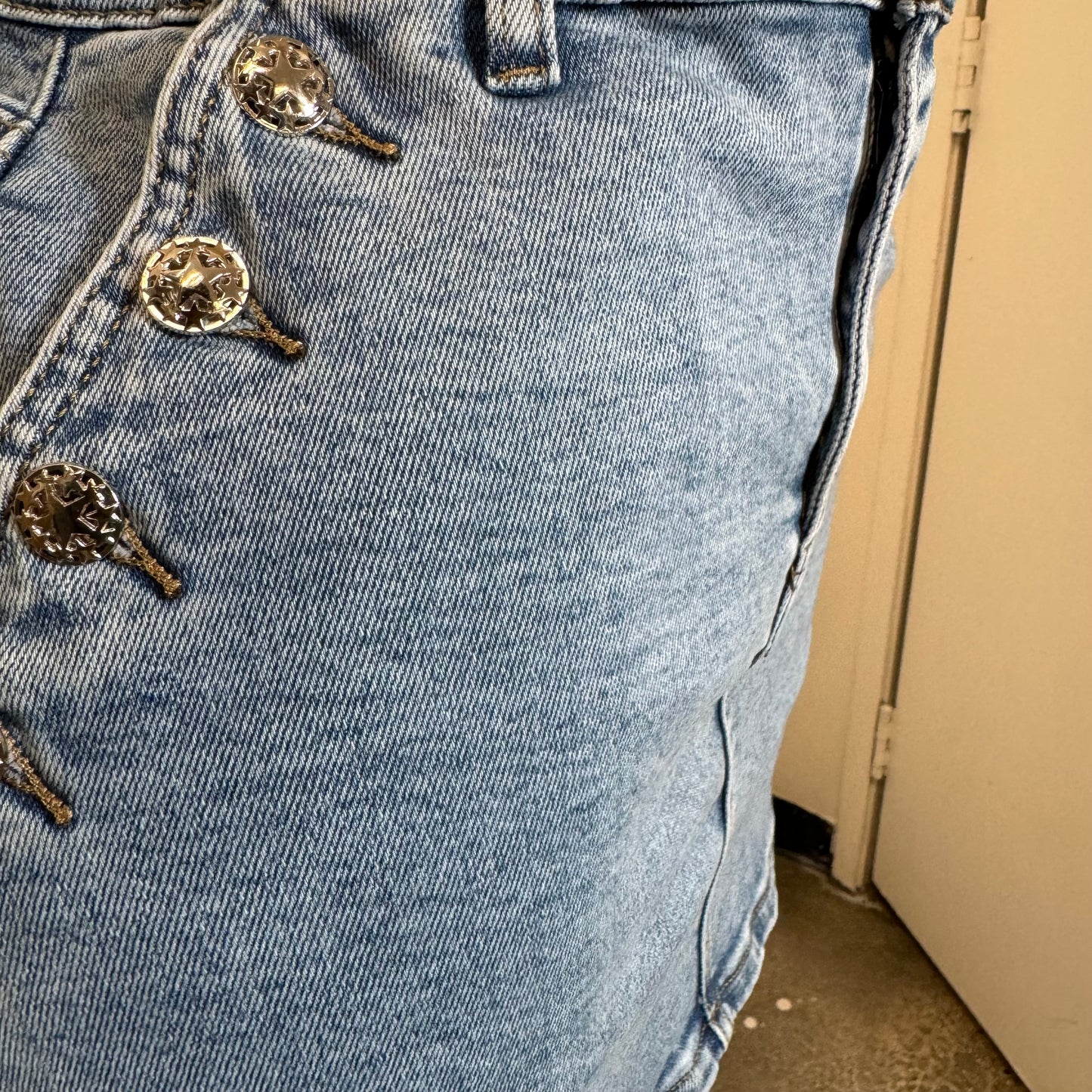 High Waisted Skirt Silver Button-LT Blue