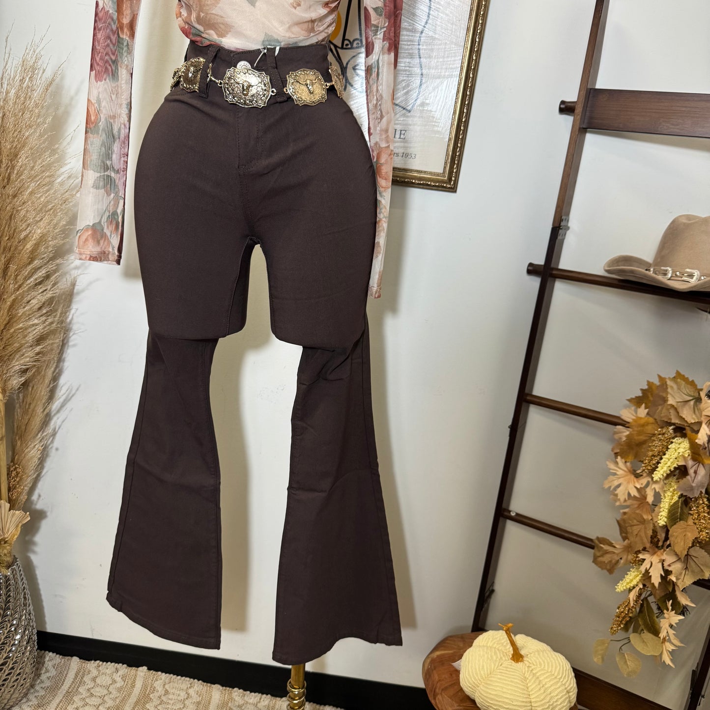 High Rise Hyper stretch Flare Jeans-Brown