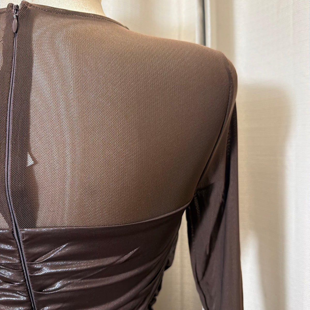 Ruched Midi Dress with sheer Mesh Sleeves-Brown