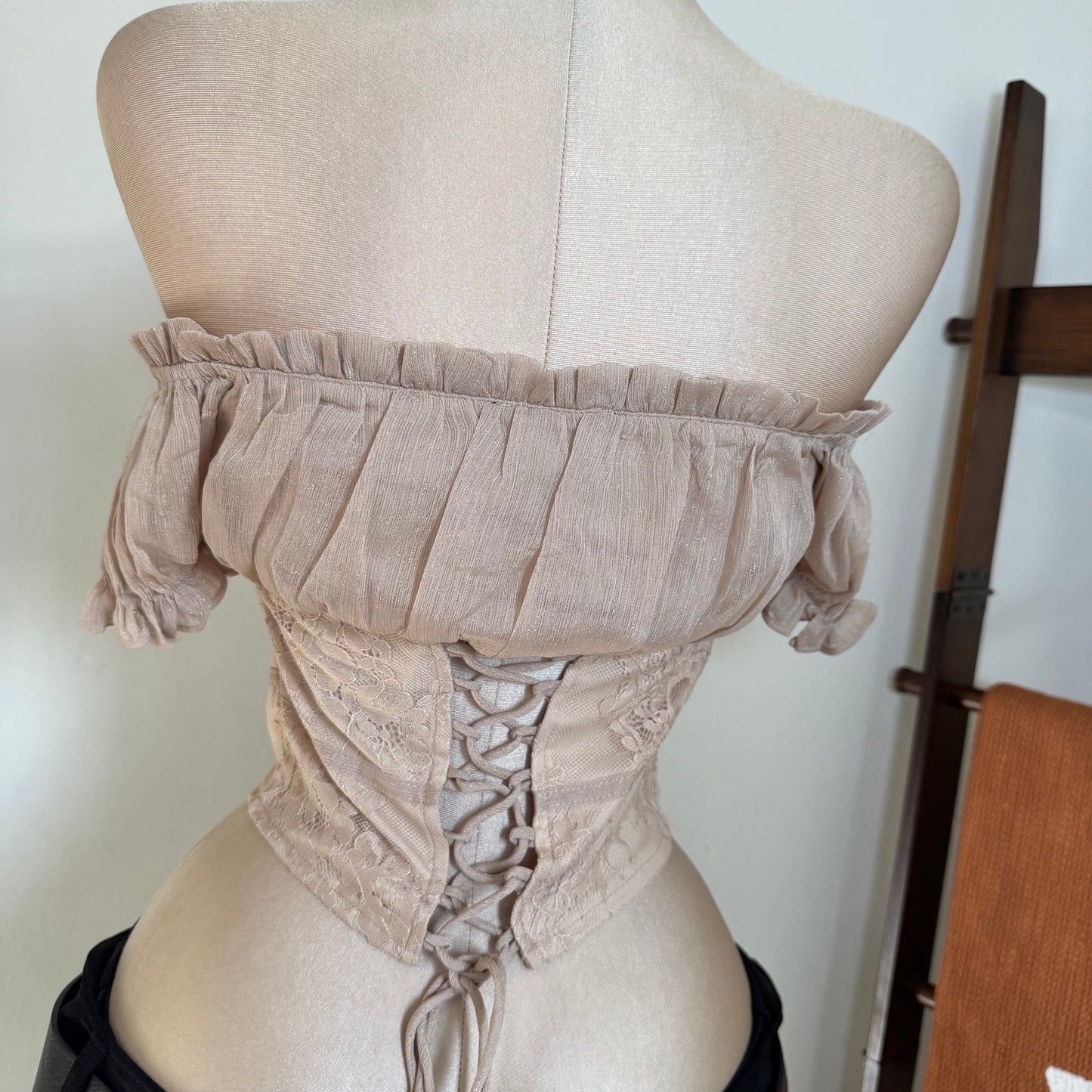 Shiny Ciffon With Lace Off Shoulder Top-Taupe