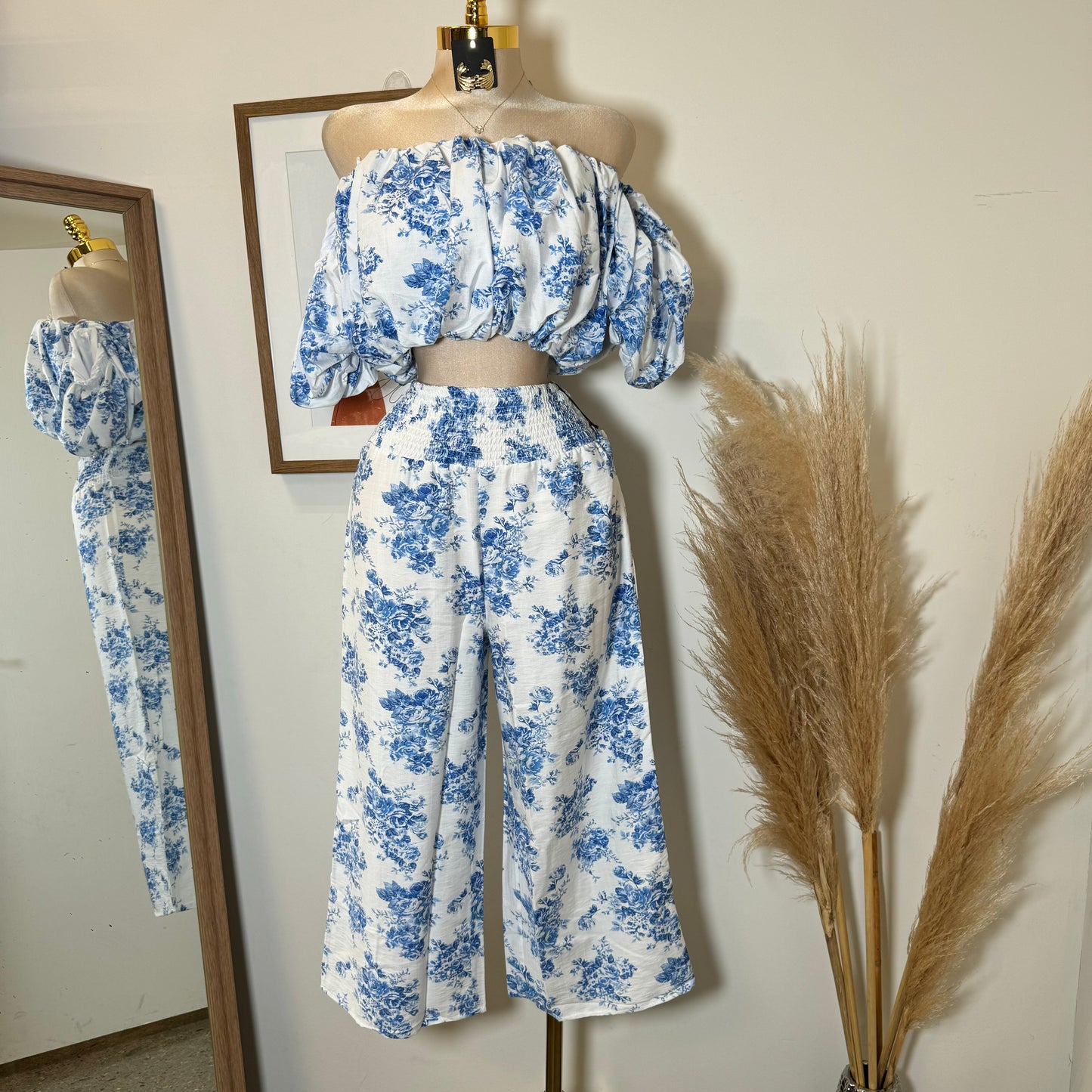 Off Shoulder Floral Top and Pant-Blue/White