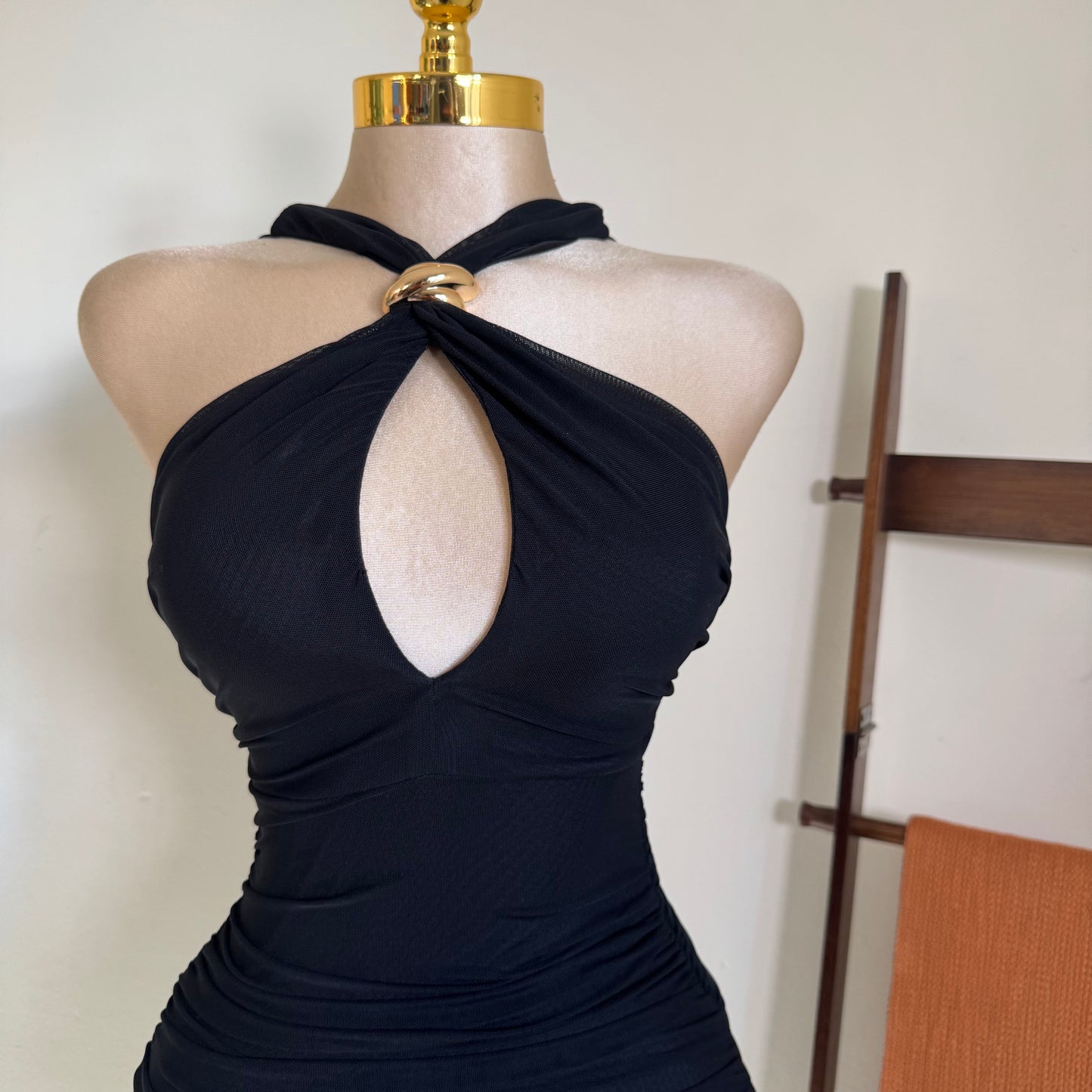 Halter Neck Trim Inset Ruched Bodycon Midi Dress-Black