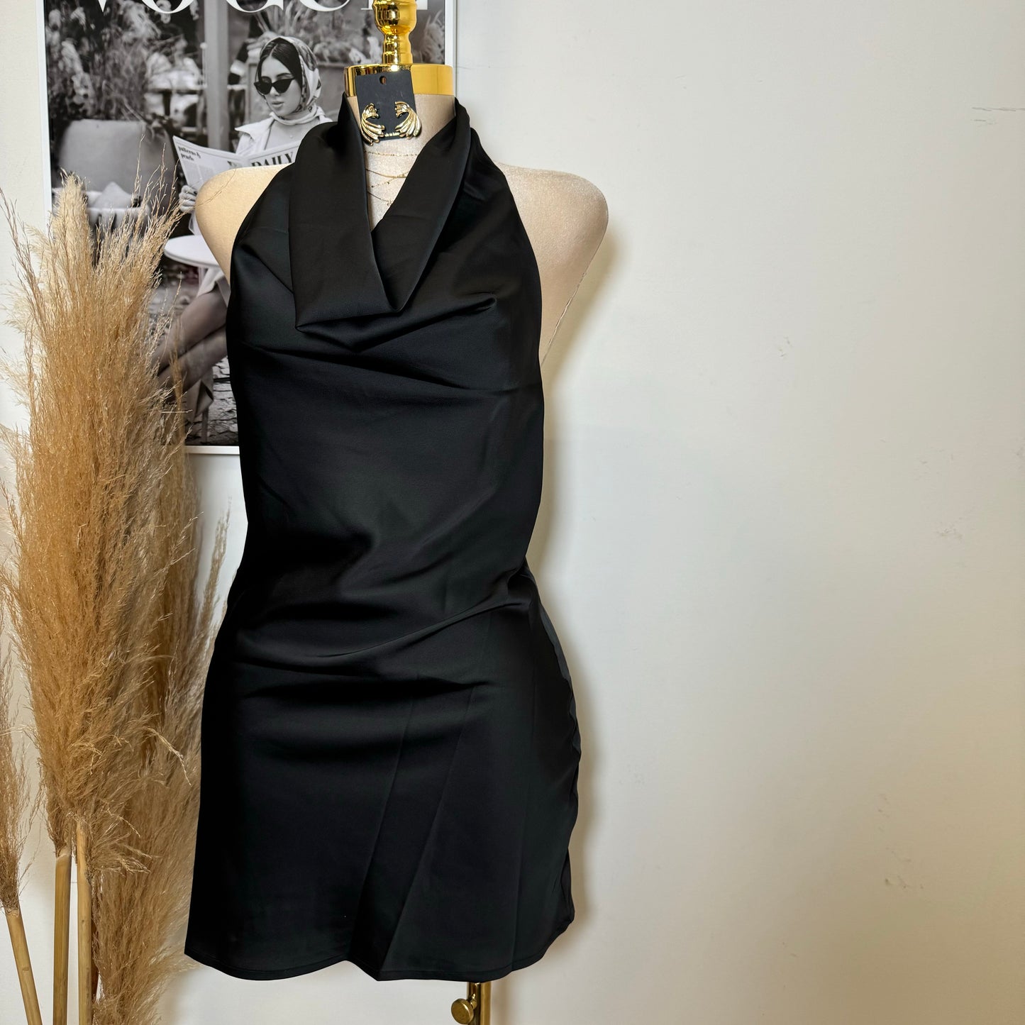 Santa Silky Halter Dress-Black