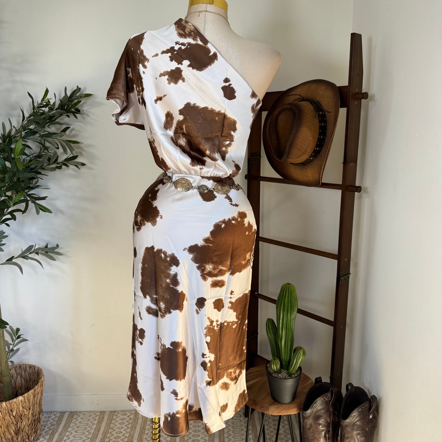 One shoulder Satin Cow Print Dress-Brown