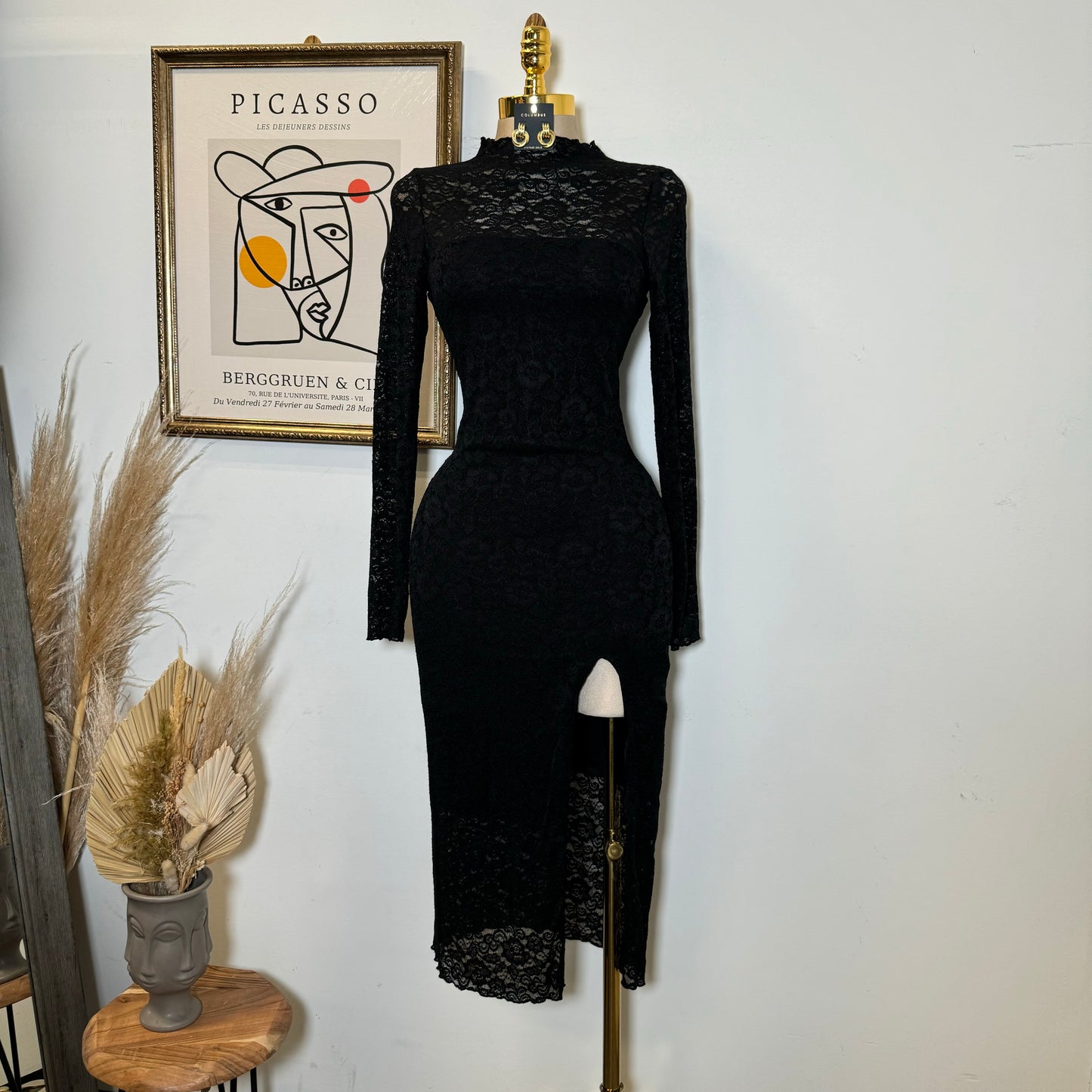 Rosie Lace Midi Open Slit  Dress-Black
