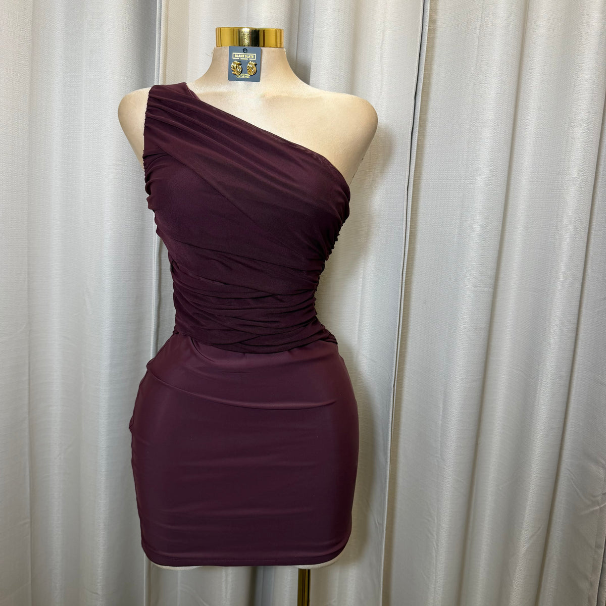 Nylon Yoga Knit with Mesh one shoulder Draped Bodycon Mini dress-Plum