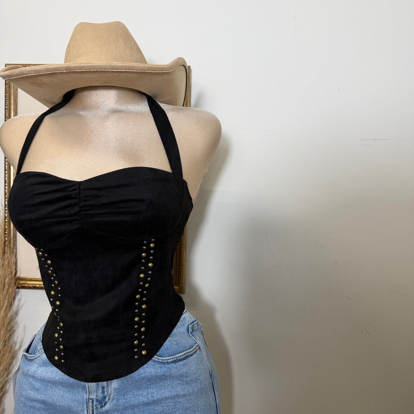 Suede Studded Halter Top-Black