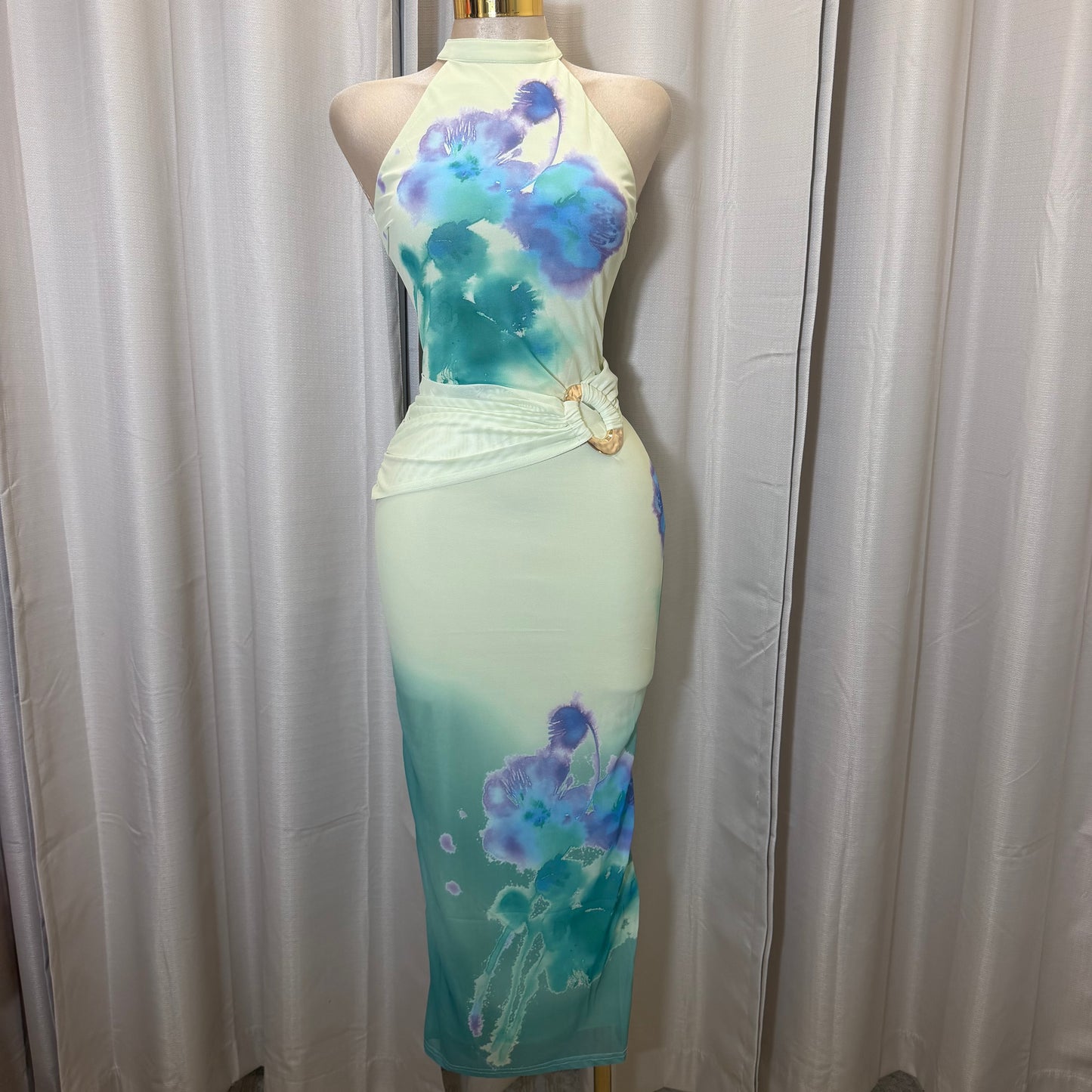 Flower Print Mesh Midi Dress-Yellow/Turquoise combo