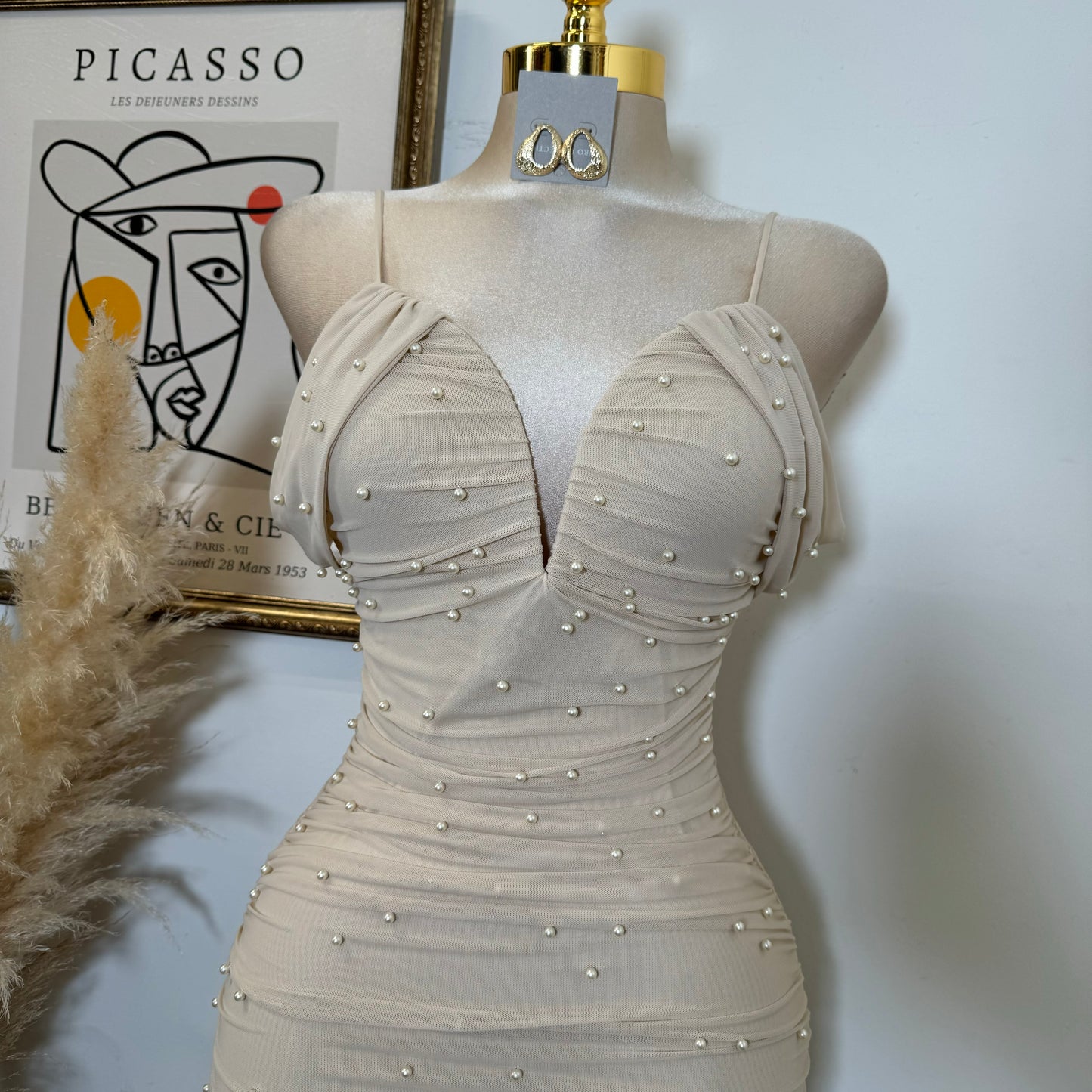 Aria Pearl Midi Dress- Beige