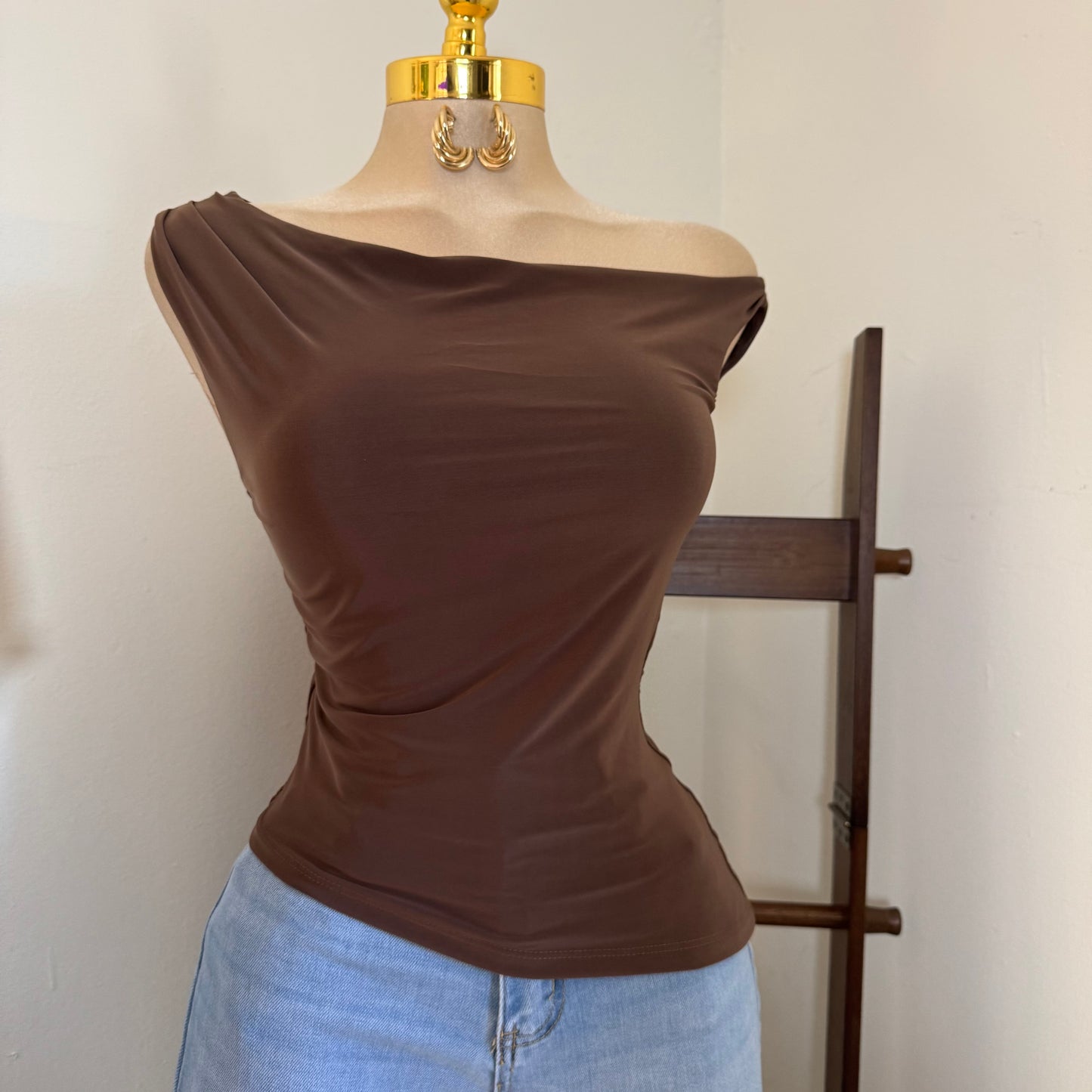 Asymmetrical Off Shoulder Ruched Crop Top-Brown