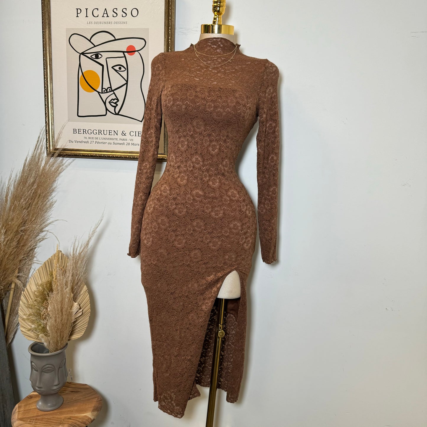 Rosie Lace Midi Open Slit  Dress-Brown
