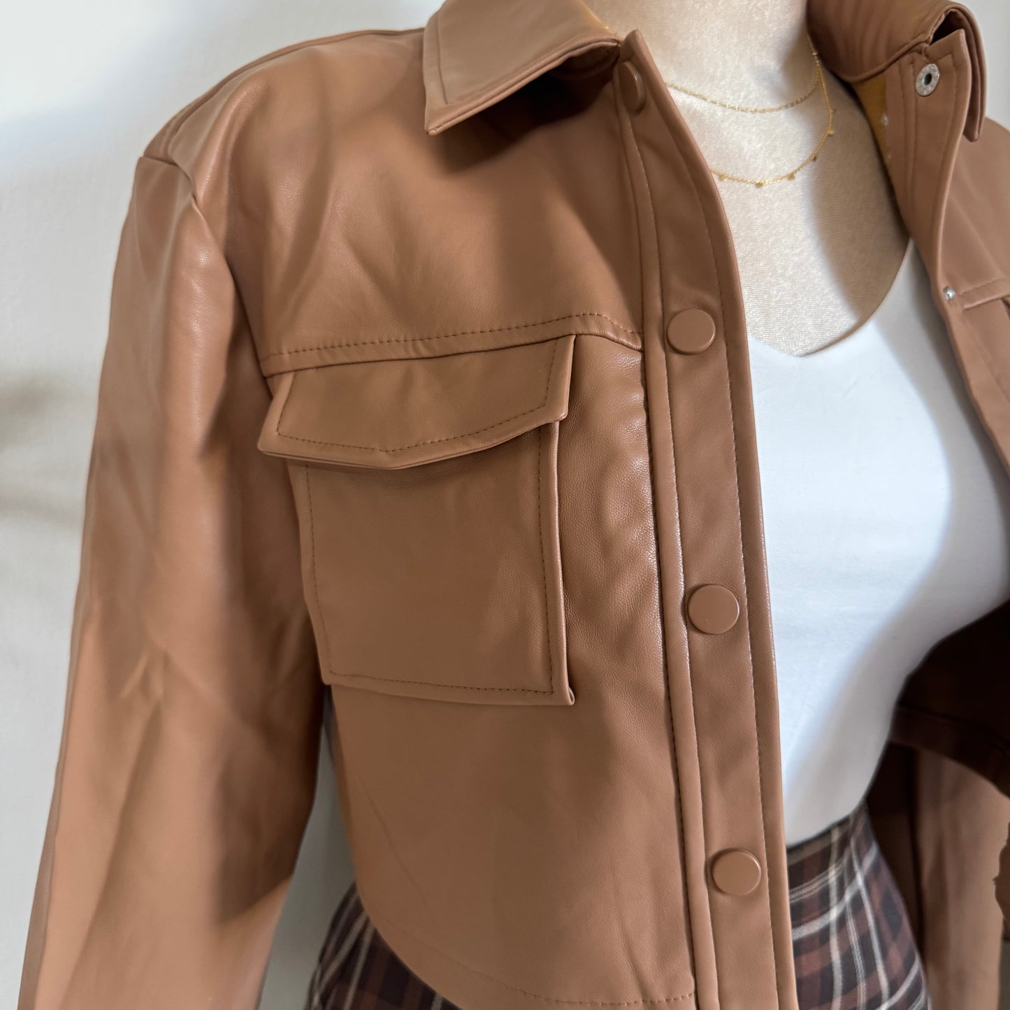 Pu Leather Cropped Jacket- Camel