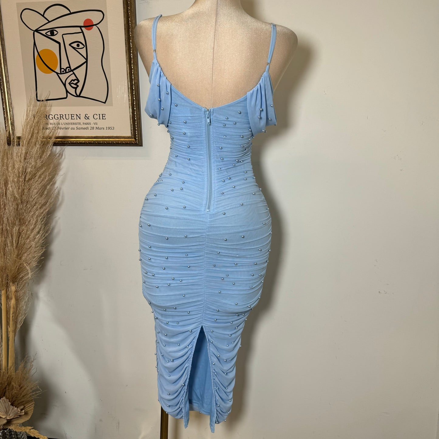 Aria Pearl Midi Dress- Baby Blue