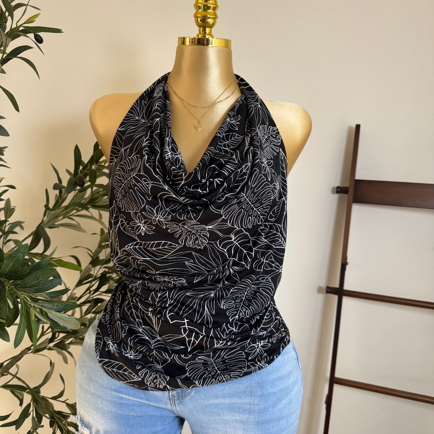 Halter Print Top PL-Black