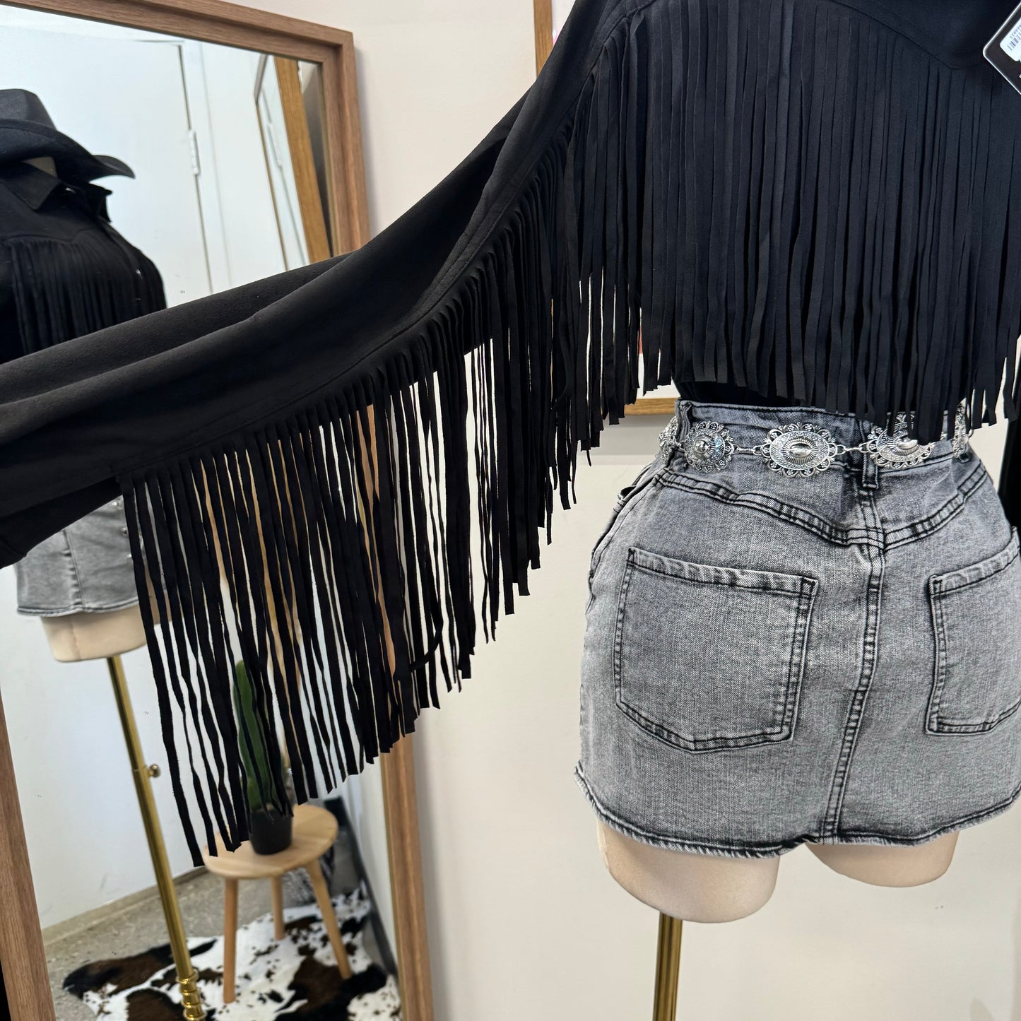 Dime Suede Button Shirt with Fringe-Black